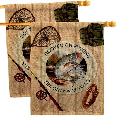 Hooked On Fishing Burlap House Flags 2 pcs Pack Sports Outdoor Camping Fish Dock Lure Entertainment Activity Physical Small Decorative Gift Yard Banner Double-Sided Made In USA 28 X 40