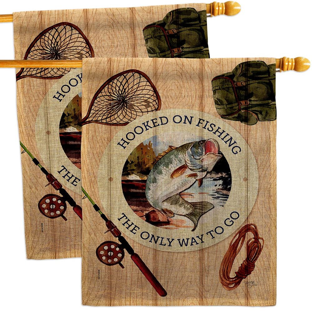 Hooked On Fishing Burlap House Flags 2 pcs Pack Sports Outdoor Camping Fish Dock Lure Entertainment Activity Physical Small Decorative Gift Yard Banner Double-Sided Made In USA 28 X 40