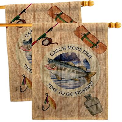 Catch Fish Burlap House Flags 2 pcs Pack Sports Fishing Outdoor Camping Dock Lure Entertainment Activity Physical Small Decorative Gift Yard Banner Double-Sided Made In USA 28 X 40