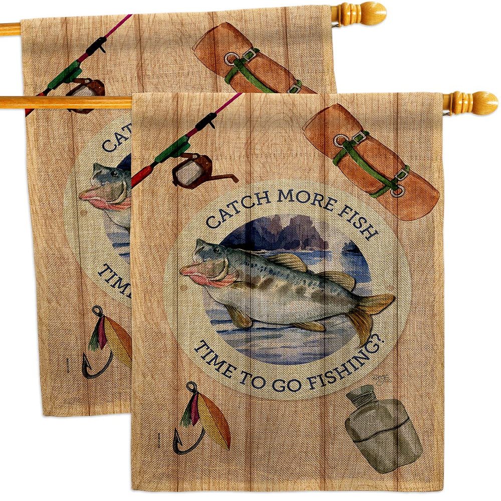 Catch Fish Burlap House Flags 2 pcs Pack Sports Fishing Outdoor Camping Dock Lure Entertainment Activity Physical Small Decorative Gift Yard Banner Double-Sided Made In USA 28 X 40