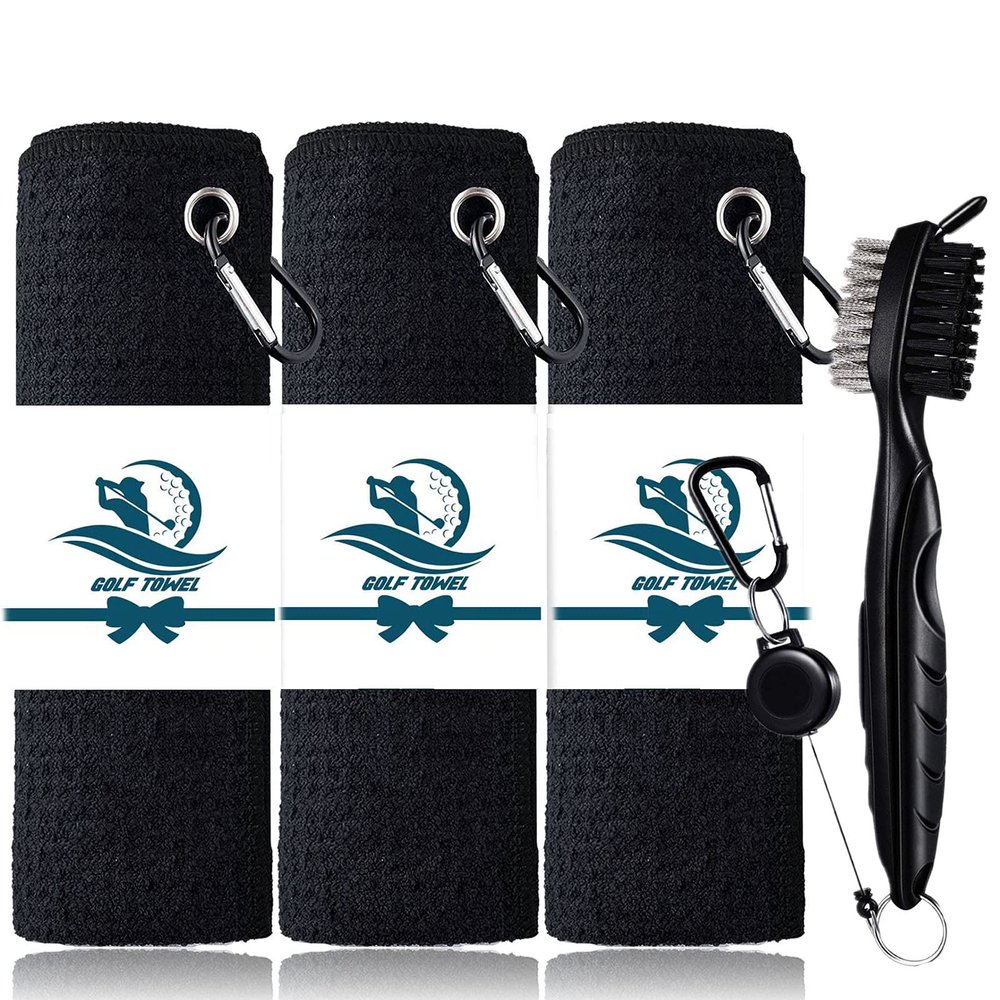 FINGER TEN Golf Towel Microfiber Waffle Towels for Golf Bags for Men Women with Clip and Brush 15.7X15.7 Set in Black (Black-3 Pcs+Brush, 15.7L x 15.7W)