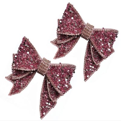 2PCS Handmade Rhinestone Bow Shoes Decoration Charms DIY Wedding Party Shoes Bag Package Accessories (Red, Large)