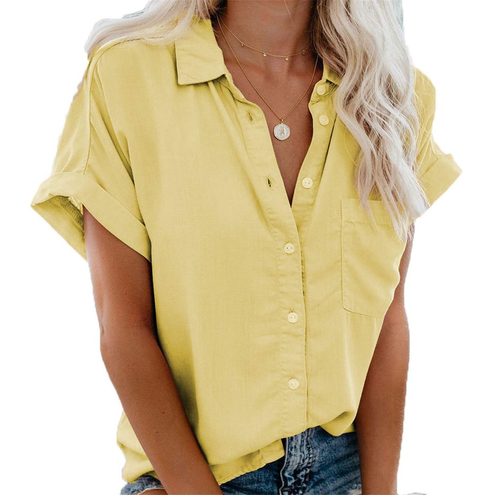 Andongnywell Womens Short Sleeve Button Down Shirts Simple Pullover Stretch Formal Casual Shirt Blouse (Yellow,6,3X-Large)
