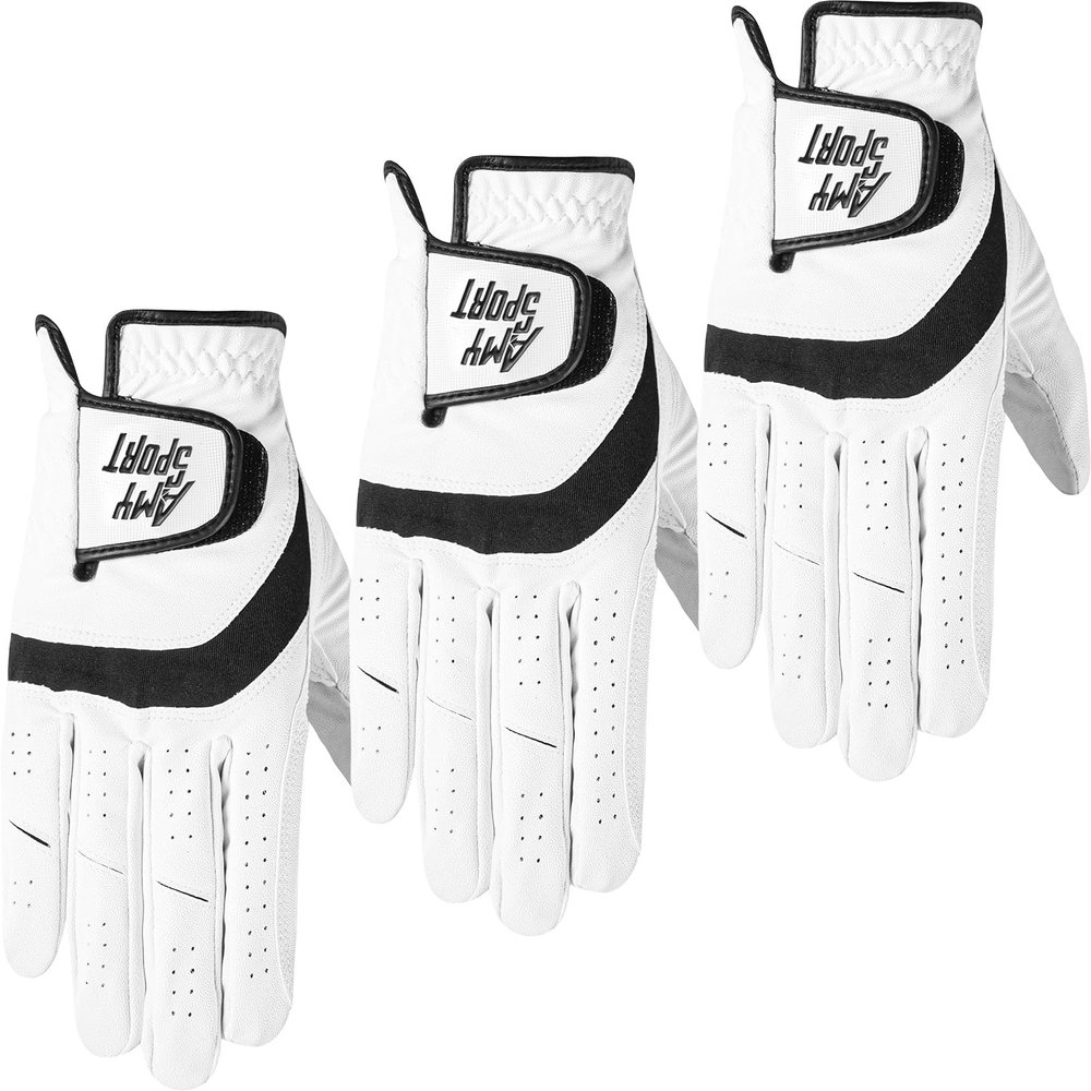 Amy Sport Golf Gloves Men Right Handed Golfer Left Hand 1 or 3 Pack PU Leather All Weather Grip Soft Breathable Flexible for Mens (White-3 Pack, M/Large, Right)