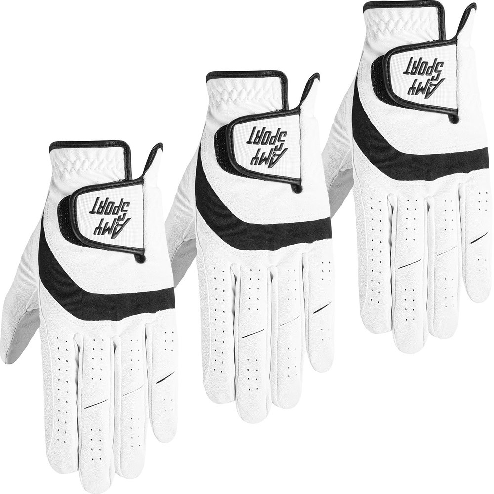 Amy Sport Golf Gloves Men Left Hand 3 Pack Right Hand PU Leather All Weather Grip Soft Breathable Flexible for Golfers Size Small Medium ML Large XL (White-3 Pack, X/Large, Worn on Left Hand)