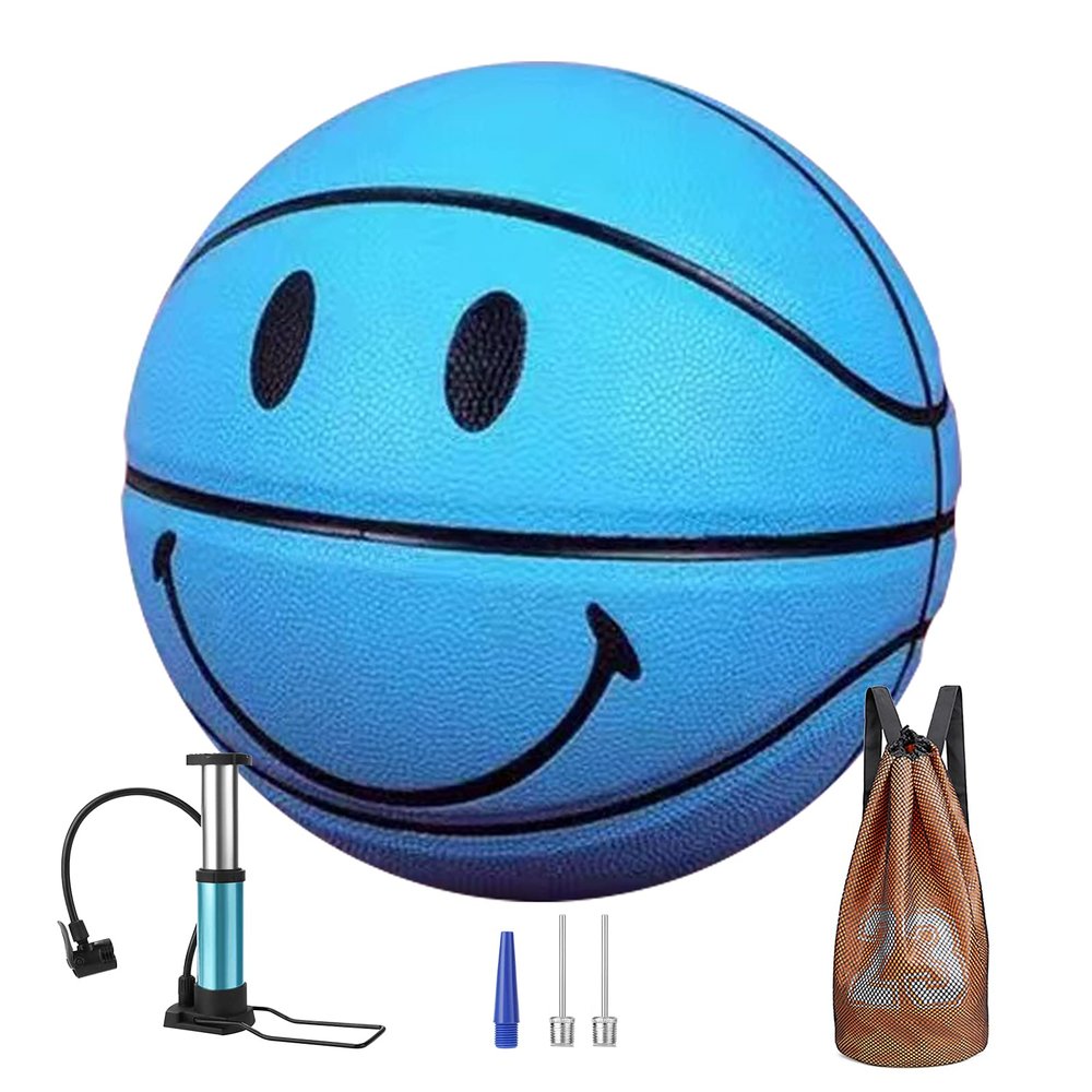 MINDCOLLISION No. 5 Kids Smiling Face Basketball, Sweat-Absorbent PU Leather, Soft and Not Hurting Hands, Good Elasticity, Suitable for Beginners from 4 to 12 Years Old Gift (Bag, Needle, Pump)