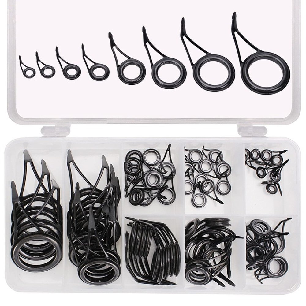 75Pcs Fishing Rod Guides Rod Tip Repair Kits Ceramics High Carbon Stainless Steel Guide Mixed 8 Sizes Repair Tackles Eyelets Replacement Accessories with Tackle Box
