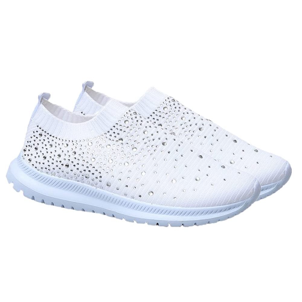 1Pair Women Casual Rhinestone Mesh Sneakers Breathable Lightweight Sports Seasons Comfortable and Athletic Footwear for Indoor and Outdoor Activities White