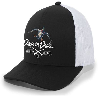 Droppin Drake Mallard Duck and Gun X Logo Mesh Back Trucker Hat-Black/White/White