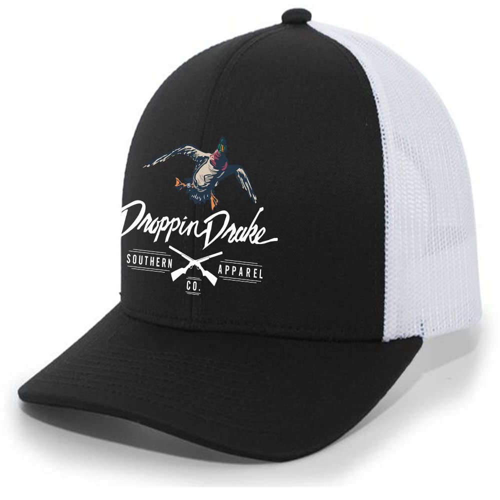 Droppin Drake Mallard Duck and Gun X Logo Mesh Back Trucker Hat-Black/White/White