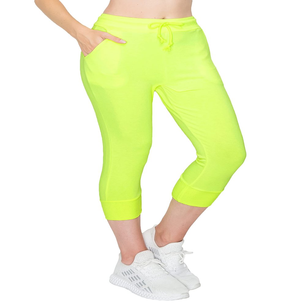 ALWAYS Women's Capri French Terry Jogger Pants - Premium Soft Lightweight Solid Drawstring Stretch Pockets Sweatpants Neon Lime X-Small