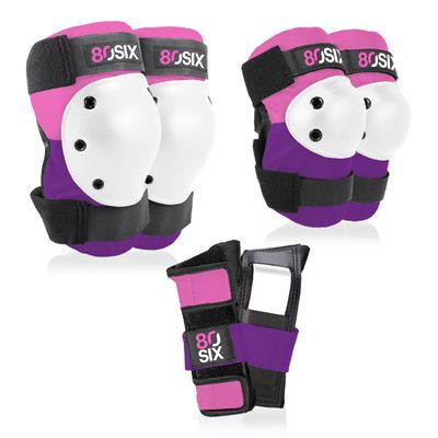 80Six Kids Multi-Sport Pad Set with Wristguards, Elbow Pads, and Knee Pads, Pink Purple, Junior - Ages 5+