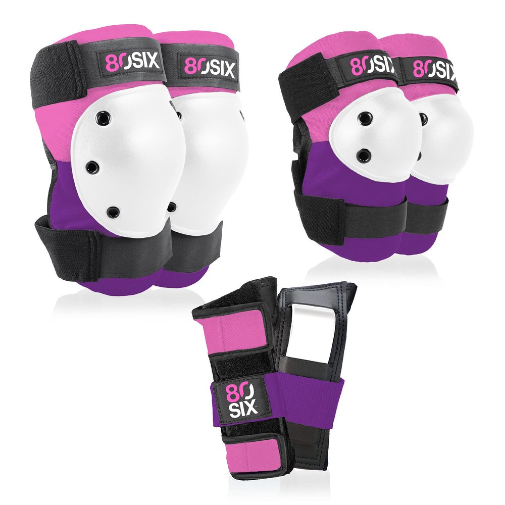 80Six Kids Multi-Sport Pad Set with Wristguards, Elbow Pads, and Knee Pads, Pink Purple, Junior - Ages 5+