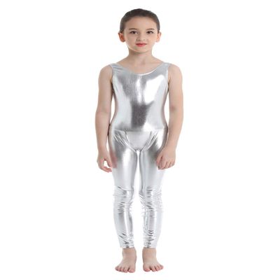 Moily Kids Girls Metallic Full Length Body Unitard Sleeveless Foil Gymnastics Dance Sports Tank Jumpsuit Silver 5-6