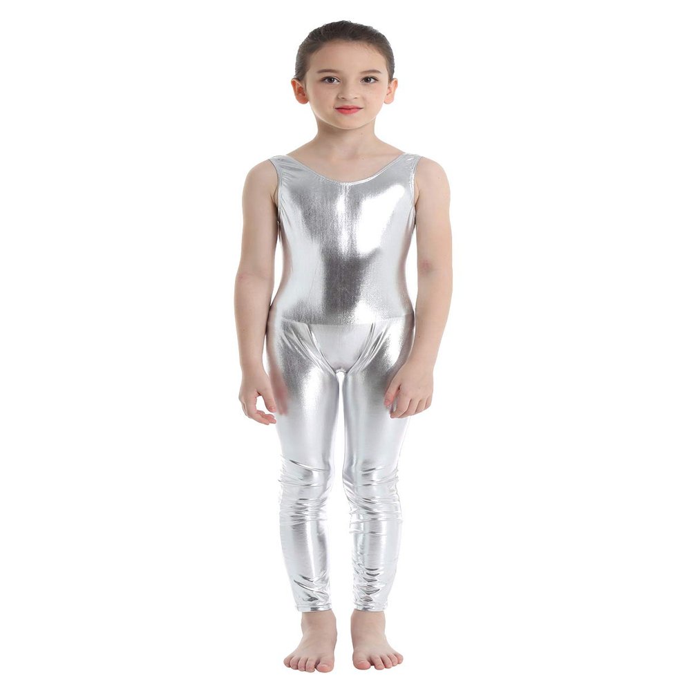 Moily Kids Girls Metallic Full Length Body Unitard Sleeveless Foil Gymnastics Dance Sports Tank Jumpsuit Silver 5-6