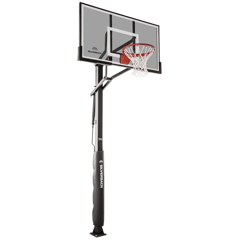Silverback Ghost 60" Height Adjustable In-Ground Basketball Hoop with Tinted Tempered Glass Backboard, Pro-Style Breakaway Rim, Pole and Backboard Pad