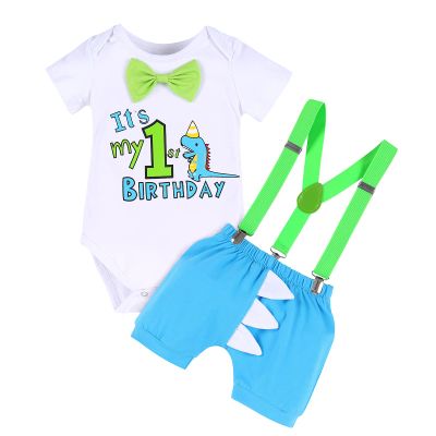 Dinosaur Outfit Boys Baby Cake Smash First Dinosaur Birthday Party Gentleman Romper Suspenders Dino Bloomers Shorts Photo Shoot # Blue + Light Green - It's My 1st Birthday 12-18 Months