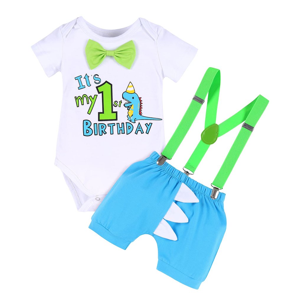 Dinosaur Outfit Boys Baby Cake Smash First Dinosaur Birthday Party Gentleman Romper Suspenders Dino Bloomers Shorts Photo Shoot # Blue + Light Green - It's My 1st Birthday 12-18 Months