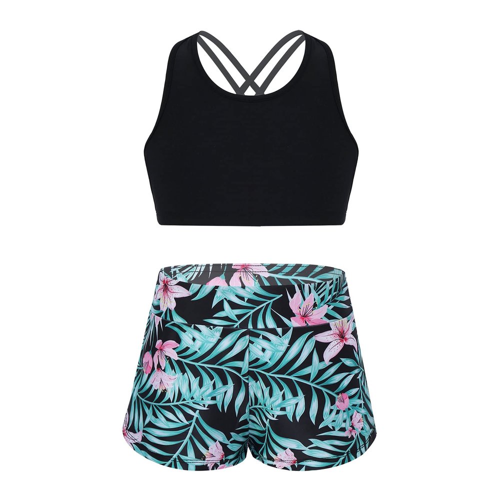 Choomomo Kids Girls 2 Pieces Swimsuit Crisscross Back Bra Top with Boyshorts Tankini Bathing Suits Green 10