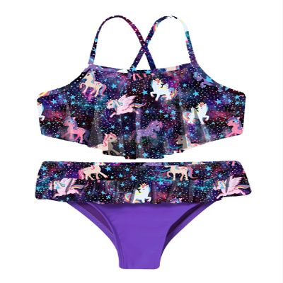 renvena Girls 2Pcs Swimwear Cartoon Printed Ruffle Crop Top with Swim Briefs Bathing Suit Tankini Sets Black 3T