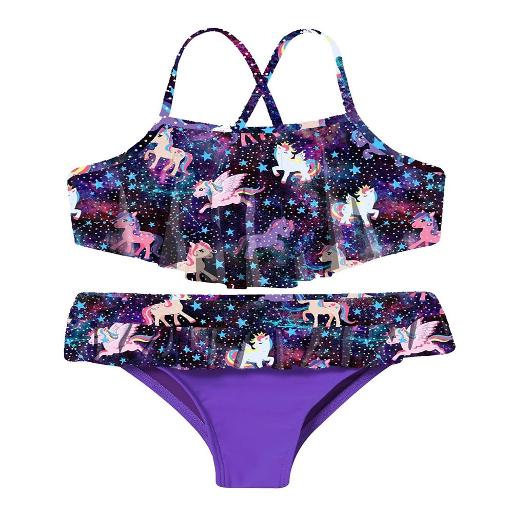 renvena Girls 2Pcs Swimwear Cartoon Printed Ruffle Crop Top with Swim Briefs Bathing Suit Tankini Sets Black 3T