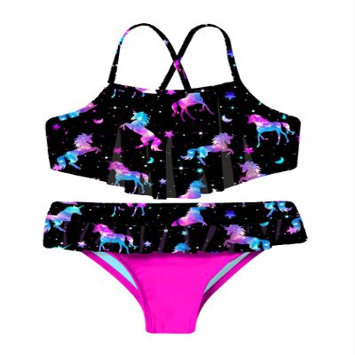 renvena Girls 2Pcs Swimwear Cartoon Printed Ruffle Crop Top with Swim Briefs Bathing Suit Tankini Sets Shiny Black 2T
