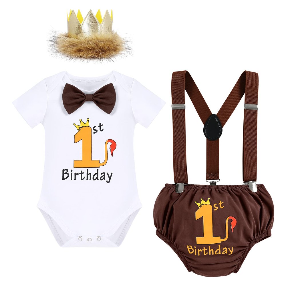 Baby Boy Lion Wild One Theme First 1st Birthday Cake Smash Outfit Cotton Short Sleeve Romper Bodysuit Diaper Cover Shorts Pants Bloomers Y-back Suspenders Crown Headband 4pcs Set Dark Brown 12-18M