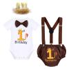 Baby Boy Lion Wild One Theme First 1st Birthday Cake Smash Outfit Cotton Short Sleeve Romper Bodysuit Diaper Cover Shorts Pants Bloomers Y-back Suspenders Crown Headband 4pcs Set Dark Brown 12-18M view 1