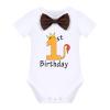 Baby Boy Lion Wild One Theme First 1st Birthday Cake Smash Outfit Cotton Short Sleeve Romper Bodysuit Diaper Cover Shorts Pants Bloomers Y-back Suspenders Crown Headband 4pcs Set Dark Brown 12-18M view 2