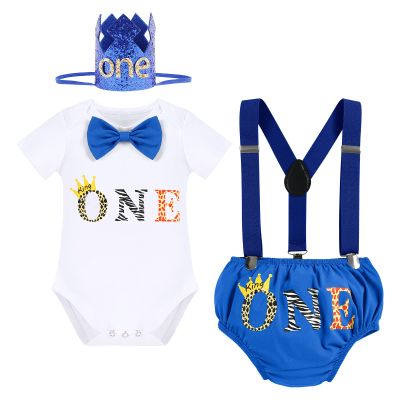 Baby Boy Jungle Safari Theme First 1st Birthday Cake Smash Outfit Cotton Short Sleeve Romper Bodysuit Diaper Cover Shorts Pants Bloomers Y-back Suspenders Crown Headband 4pcs Set Royal Blue 12-18M