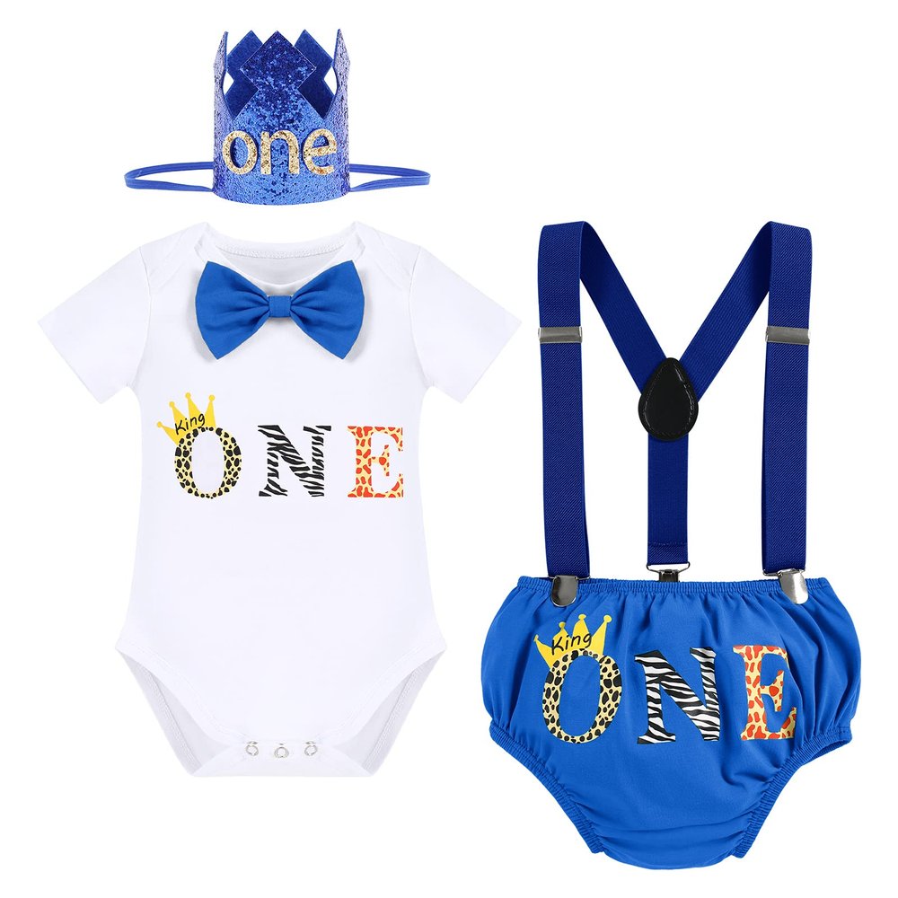 Baby Boy Jungle Safari Theme First 1st Birthday Cake Smash Outfit Cotton Short Sleeve Romper Bodysuit Diaper Cover Shorts Pants Bloomers Y-back Suspenders Crown Headband 4pcs Set Royal Blue 12-18M