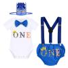 Baby Boy Jungle Safari Theme First 1st Birthday Cake Smash Outfit Cotton Short Sleeve Romper Bodysuit Diaper Cover Shorts Pants Bloomers Y-back Suspenders Crown Headband 4pcs Set Royal Blue 12-18M view 1
