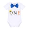 Baby Boy Jungle Safari Theme First 1st Birthday Cake Smash Outfit Cotton Short Sleeve Romper Bodysuit Diaper Cover Shorts Pants Bloomers Y-back Suspenders Crown Headband 4pcs Set Royal Blue 12-18M view 2