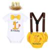 Baby Boy Lion Wild One Theme First 1st Birthday Cake Smash Outfit Cotton Short Sleeve Romper Bodysuit Diaper Cover Shorts Pants Bloomers Y-back Suspenders Crown Headband 4pcs Set Yellow 6-12 Months view 1