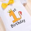 Baby Boy Lion Wild One Theme First 1st Birthday Cake Smash Outfit Cotton Short Sleeve Romper Bodysuit Diaper Cover Shorts Pants Bloomers Y-back Suspenders Crown Headband 4pcs Set Yellow 6-12 Months view 3