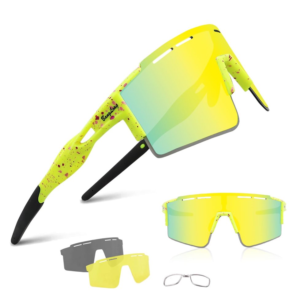 BangLong Cycling Sunglasses Polarized Sports Glasses for Men Women with 3 Interchangeable Lenses for Running Baseball Glasses