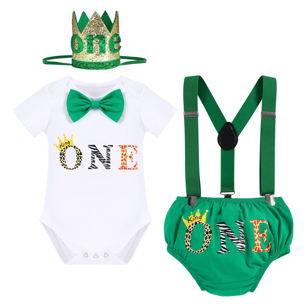 Baby Boy Jungle Safari Theme First 1st Birthday Cake Smash Outfit Cotton Short Sleeve Romper Bodysuit Diaper Cover Shorts Pants Bloomers Y-back Suspenders Crown Headband 4pcs Set Green 6-12 Months