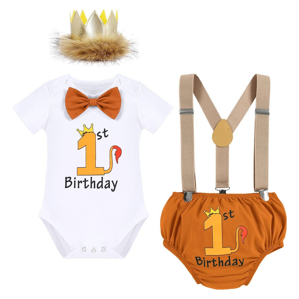 Baby Boy Lion Wild One Theme First 1st Birthday Cake Smash Outfit Cotton Short Sleeve Romper Bodysuit Diaper Cover Shorts Pants Bloomers Y-back Suspenders Crown Headband 4pcs Set Light Brown 12-18M