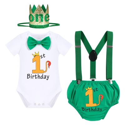 Baby Boy Lion Wild One Theme First 1st Birthday Cake Smash Outfit Cotton Short Sleeve Romper Bodysuit Diaper Cover Shorts Pants Bloomers Y-back Suspenders Crown Headband 4pcs Set Green 6-12 Months