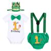 Baby Boy Lion Wild One Theme First 1st Birthday Cake Smash Outfit Cotton Short Sleeve Romper Bodysuit Diaper Cover Shorts Pants Bloomers Y-back Suspenders Crown Headband 4pcs Set Green 6-12 Months view 1