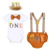 Baby Boy Jungle Safari Theme First 1st Birthday Cake Smash Outfit Cotton Short Sleeve Romper Bodysuit Diaper Cover Shorts Pants Bloomers Y-back Suspenders Crown Headband 4pcs Set Light Brown 12-18M view 1