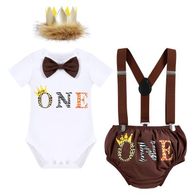 Baby Boy Jungle Safari Theme First 1st Birthday Cake Smash Outfit Cotton Short Sleeve Romper Bodysuit Diaper Cover Shorts Pants Bloomers Y-back Suspenders Crown Headband 4pcs Set Dark Brown 12-18M