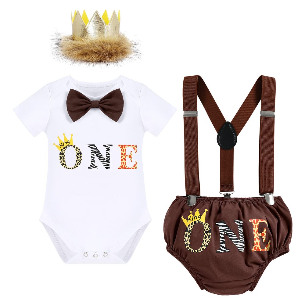 Baby Boy Jungle Safari Theme First 1st Birthday Cake Smash Outfit Cotton Short Sleeve Romper Bodysuit Diaper Cover Shorts Pants Bloomers Y-back Suspenders Crown Headband 4pcs Set Dark Brown 12-18M