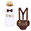 Baby Boy Jungle Safari Theme First 1st Birthday Cake Smash Outfit Cotton Short Sleeve Romper Bodysuit Diaper Cover Shorts Pants Bloomers Y-back Suspenders Crown Headband 4pcs Set Dark Brown 12-18M view 1
