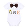 Baby Boy Jungle Safari Theme First 1st Birthday Cake Smash Outfit Cotton Short Sleeve Romper Bodysuit Diaper Cover Shorts Pants Bloomers Y-back Suspenders Crown Headband 4pcs Set Dark Brown 12-18M view 2