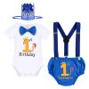Baby Boy Lion Wild One Theme First 1st Birthday Cake Smash Outfit Cotton Short Sleeve Romper Bodysuit Diaper Cover Shorts Pants Bloomers Y-back Suspenders Crown Headband 4pcs Set Royal Blue 6-12M view 1
