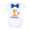 Baby Boy Lion Wild One Theme First 1st Birthday Cake Smash Outfit Cotton Short Sleeve Romper Bodysuit Diaper Cover Shorts Pants Bloomers Y-back Suspenders Crown Headband 4pcs Set Royal Blue 12-18M view 2
