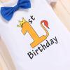 Baby Boy Lion Wild One Theme First 1st Birthday Cake Smash Outfit Cotton Short Sleeve Romper Bodysuit Diaper Cover Shorts Pants Bloomers Y-back Suspenders Crown Headband 4pcs Set Royal Blue 12-18M view 3