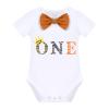 Baby Boy Jungle Safari Theme First 1st Birthday Cake Smash Outfit Cotton Short Sleeve Romper Bodysuit Diaper Cover Shorts Pants Bloomers Y-back Suspenders Crown Headband 4pcs Set Light Brown 6-12M view 2