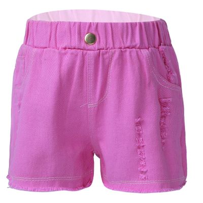 FEESHOW Kids Girls Ripped Denim Shorts Solid Color High Waist Elastic Waistband Buttons Casual Jeans Short Pants Pink 7-8 Years